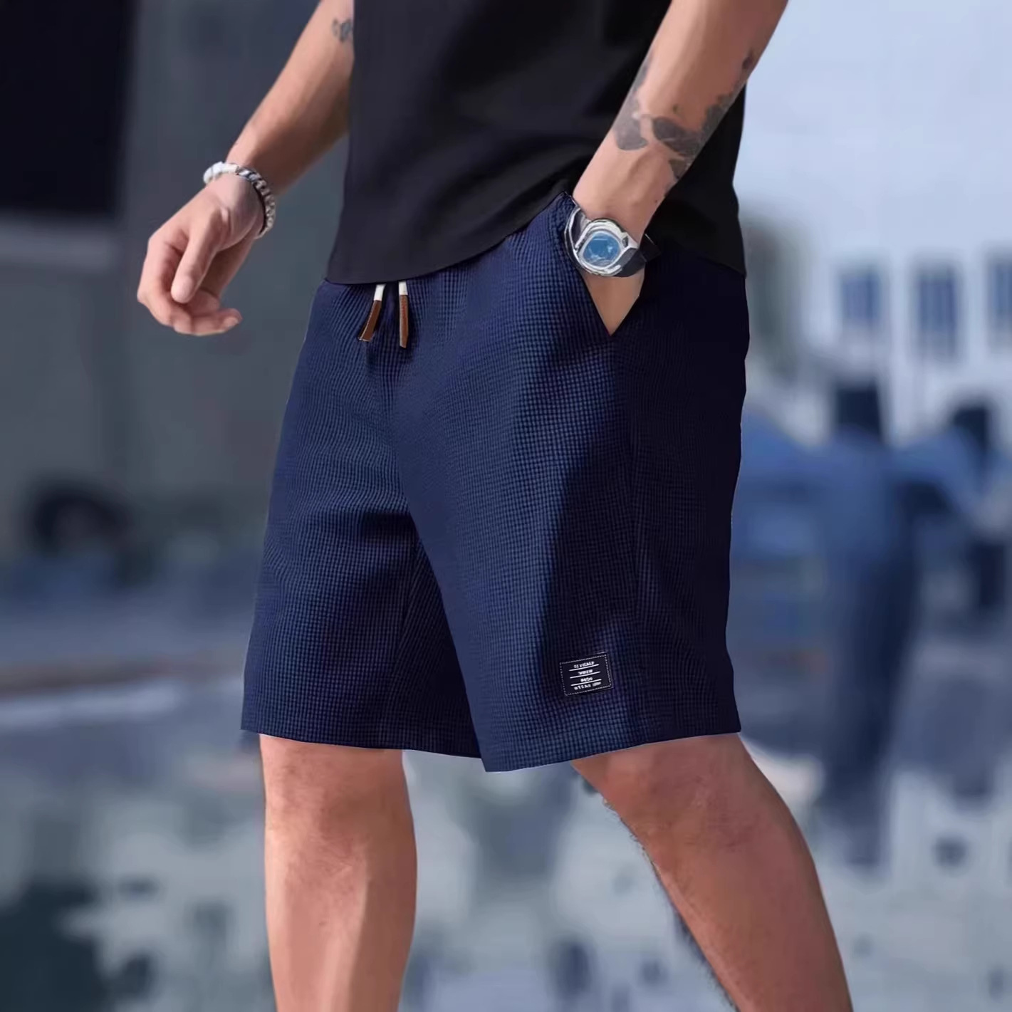 Summer Clothing Deals - Bermudas Masculinas Pretas Oversize Waffle 3XL